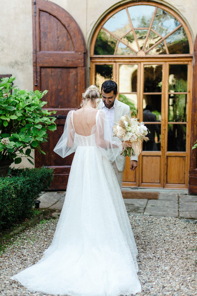 Bride and groom first look at italian wedding 