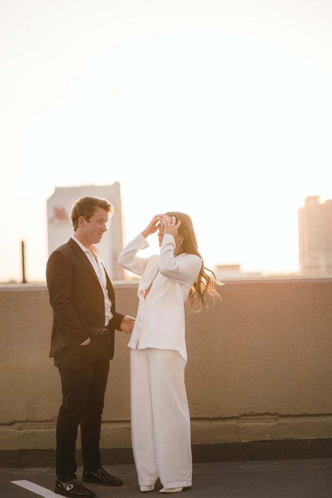 Downtown engagement session on rooftop 